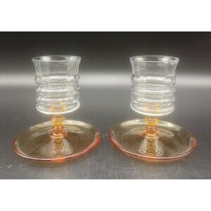 VTG Fostoria Clear & Amber Ribbed Glass Cigarette Holder Ashtray Set Of 2 EUC